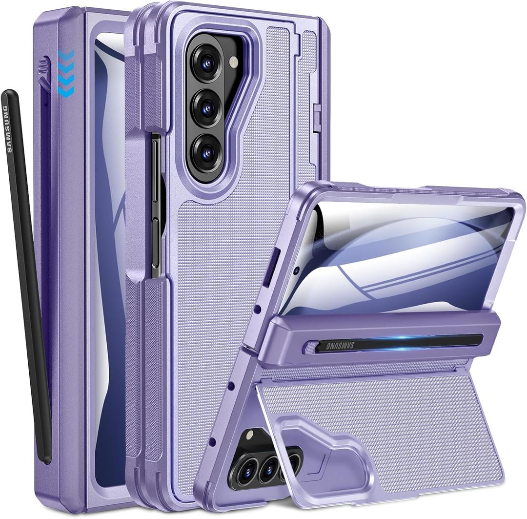 Caka for Samsung Galaxy Z Fold 5 Case [Thinner S Pen Holder] [Hidden Kickstand] [Hinge Protection] [Screen Protector] Full Body Hard Shockproof Phone Cover with Anti-Slip Textured for Fold5 - Purple