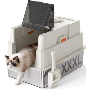 XXXL Stainless Steel Litter Box with Lid,28" L x 20.5" W x 16.5" H Extra Large Cat Litter Box Enclosure for Large and Multi-Cats Families,Non-Sticky, Anti-Leakage, Easy to Clean(White)