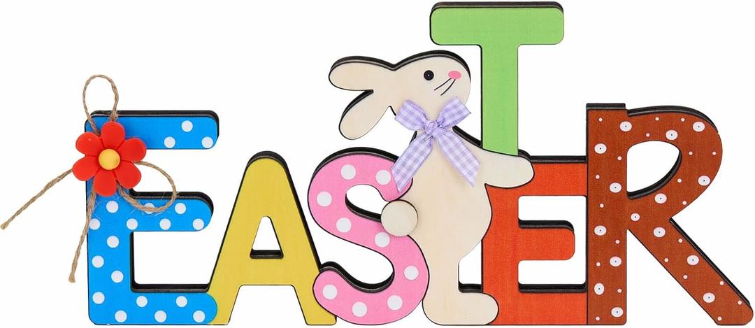 Funny Easter Table Decorations - Colourful Wooden Bunny Easter Sign, Freestanding Spring Easter Decorations for Home, Kitchen, Office, Mantel, Shelf, Tiered Tray, Rustic Farmhouse Party Decor
