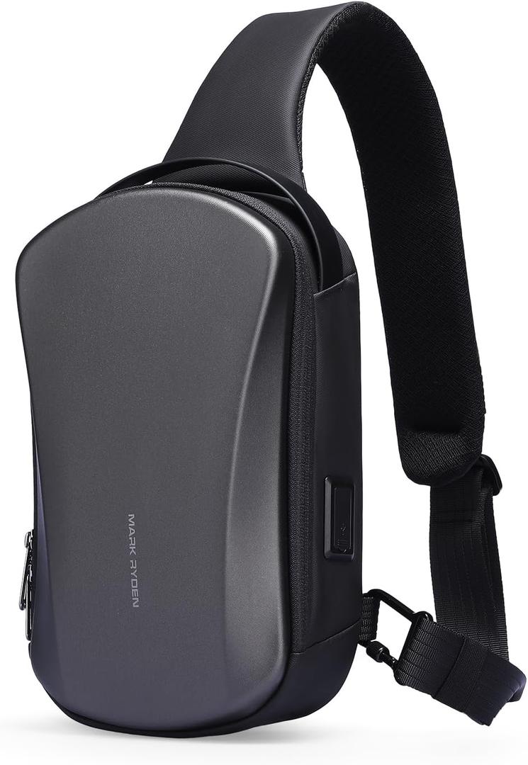 Mark Ryden Hard Shell Sling Backpack for Men, Water Resistant Crossbody Backpack with USB Charging Port, Chest Bag for Travel, Gym (Grey)