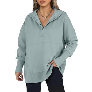 AlvaQ Women Casual Button V Neck Hoodies Oversized Pullover Sweatshirt Hooded Tops with Pockets, Size 2XL