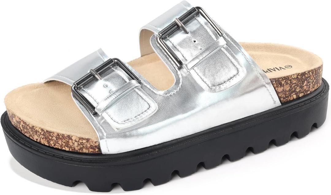 Chunky Platform Sandals for Women, Waterproof Non-Slip Rubber Sole, Adjustable Double Buckle, Arch Support Open Toe Slide Sandals, Comfortable Black Wedge Sandals for Women (9, Cork Silver)