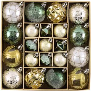 DecorbyHannah Christmas Ornaments Set Decorations, 21ct Green and Gold Emerald Vintage Christmas Tree Ornaments, Shatterproof Plastic Decorative Hanging Ball Bulk for Xmas Holiday Indoor Party Decor