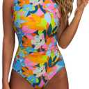 SUUKSESS Women One Piece Ruched Swimsuit Tummy Control Backless Bathing Suit (Medium, Neon Floral)