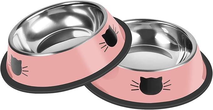 2Pcs Cat Bowls Non-Slip Stainless Steel Small Cat Food Bowls Unbreakable Thicken Cat Feeder 7 Oz Cat Dishes Suitable for Indoor Small Pets Removable Rubber Base Easily Clean Lovely Color (Black)