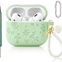 CAISATEQ Compatible with AirPods Pro 3 Case 2025, Cute Floral Engraved Soft Silicone Cover with Rose Pearl Keychain and Cleaning Kit, Shockproof and Dustproof, 6 Colors (Matcha Green)