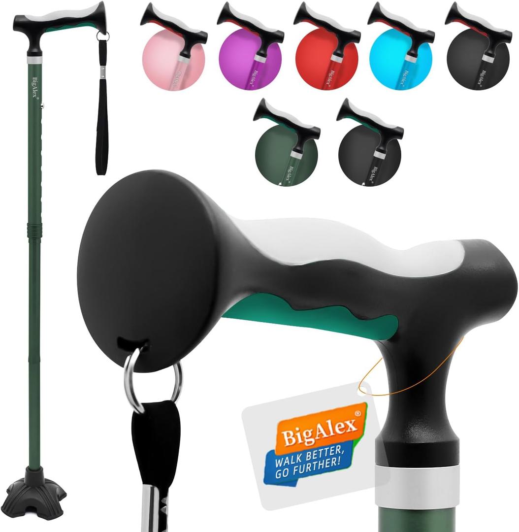 BigAlex Lightweight Collapsible Walking Cane with Soft Comfortable TPR Handle for Seniors and Elderly Adults, Larger Handle for Comfort, Adjustable Support Stick, Portable Travel Aid for Men & Women (Green)