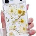 Compatible with iPhone 17 Pro Max Case Cute Pressed Dried Real Flowers Design Women Girly Shockproof Gliter Bling Floral Clear Phone Cover for iPhone 17 Pro Max (White Flower)