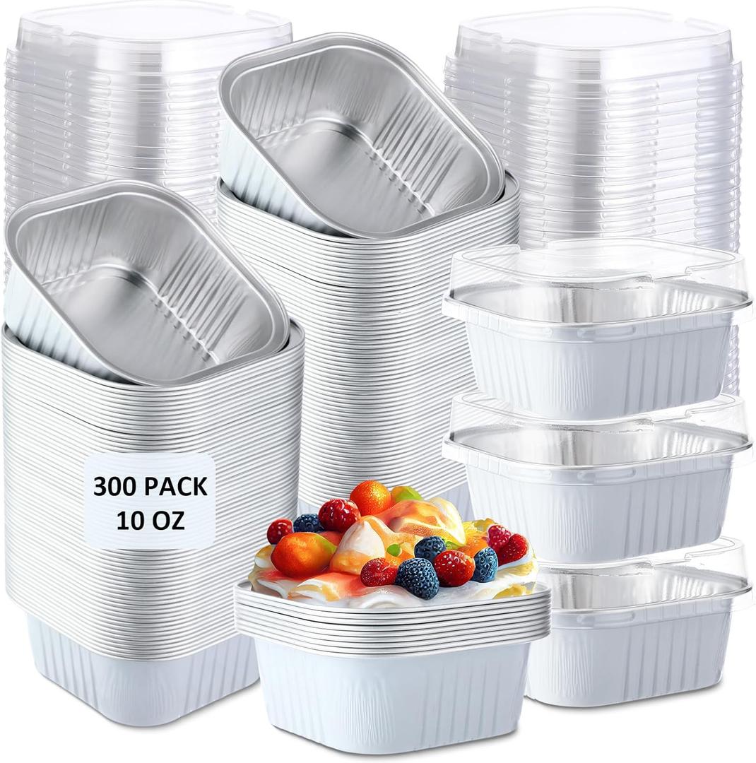 Aoriher 300 Pieces 10 oz Mini Cake Pans with Lids, Aluminum Foil Baking Cups, Square Disposable Cupcake Cups Baking Tins for Wedding Birthday Party Supplies(White, Silver)