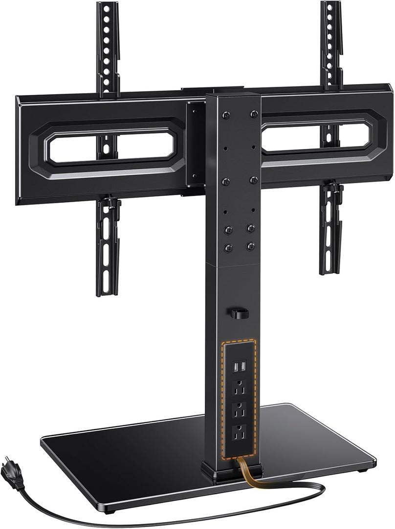 Perlegear Universal TV Stand with Power Outlet, Swivel TV Stand for 32-80 inch TVs up to 99 lbs, TV Base with Tempered Glass Base, Height Adjustable TV Mount Stand Max VESA 600x400mm PGTVS31