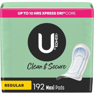 U by Kotex Clean & Secure Maxi Pads, Regular Absorbency, 192 Count (4 Packs of 48) 