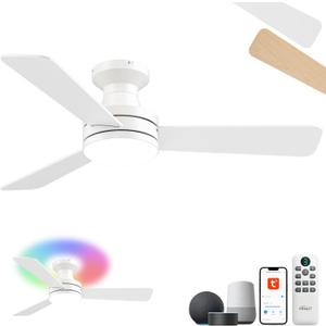 42" RGB Ceiling Fan with Light, Music Sync Smart Fan with Alexa/Google/App Control, Low Profile Flush Mount, 6-Speed Quiet DC Motor, 4 CCT Dimmable Lighting for Bedroom Living Room, White