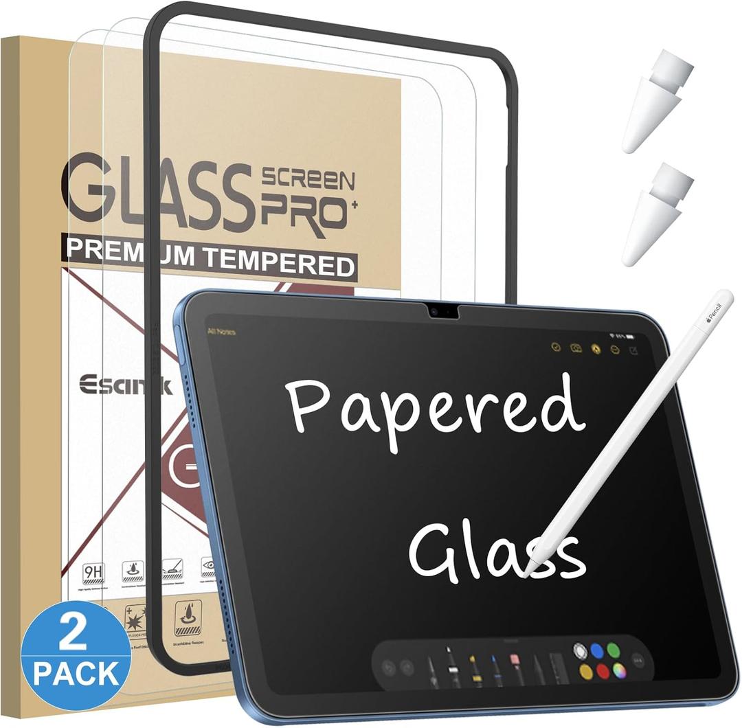 Esanik 2 Pack Like Paper Glass Screen Protector for iPad 11th/10th Generation A16(11/10.9 Inch, 2025/2022) 9H Tempered Glass Film with Alignment Frame, Writing Like on Paper, Apple Pencil Compatible
