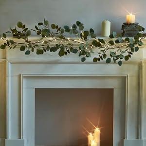 Fudios Lighted Twig Eucalyptus Garland 6FT 96 Warm White LED Battery Operated with Timer for Mantle Fireplace Wedding Party Spring Bedroom Decoration Indoor Outdoor Use