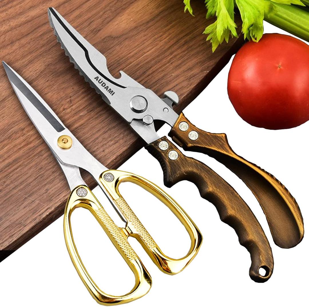 Premium Kitchen Shears 2-Pack Heavy Duty Poultry & Meat Scissors, Bone Shears for Cooking (Bronze+golden)
