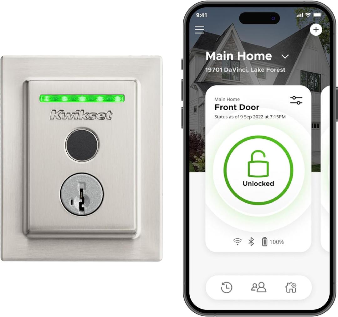 Kwikset Halo Touch Fingerprint Wi-Fi Smart Lock, Keyless Entry Door Low Profile Deadbolt, Geofence Auto-Unlock, Grade AAA Certified, No Hub Easy Install, Satin Nickel, Square