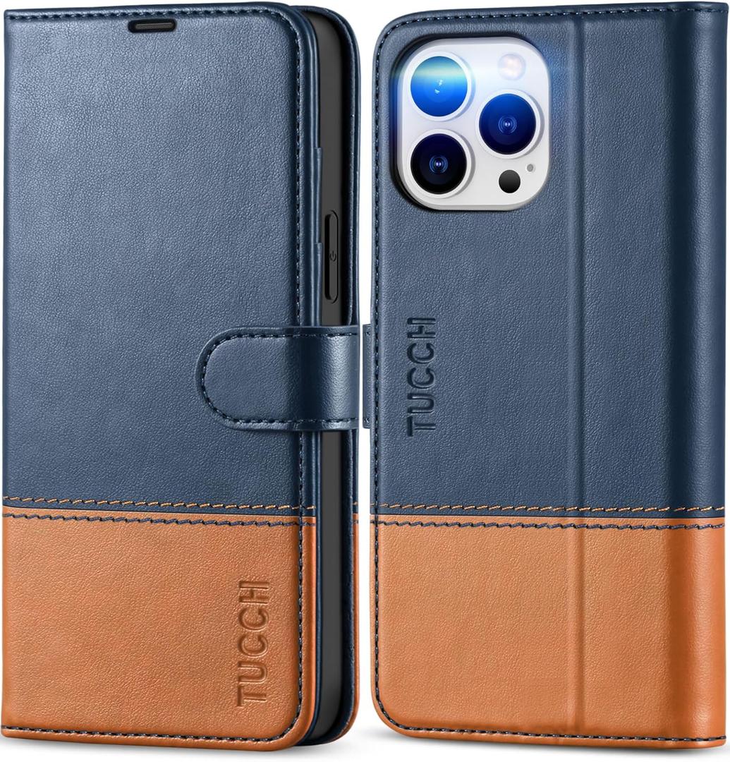 TUCCH Wallet Case for iPhone 13 Pro Max, PU Leather RFID Blocking Credit Card Slot Magnetic Stand Flip Cover TPU Shockproof Inner Case Compatible with iPhone 13 Pro Max 6.7", Dark Blue & Brown