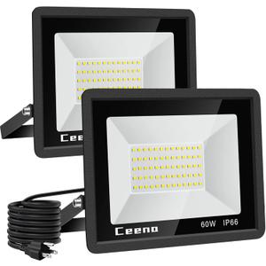 Ceena 2 Pack 60W Plug in LED Flood Light Outdoor, 6000lm Super Bright Floodlight with Switch and 5.9FT Wire, IP66 Waterproof 6000K LED Work Light for Garage, Yard, Patio, Front Door