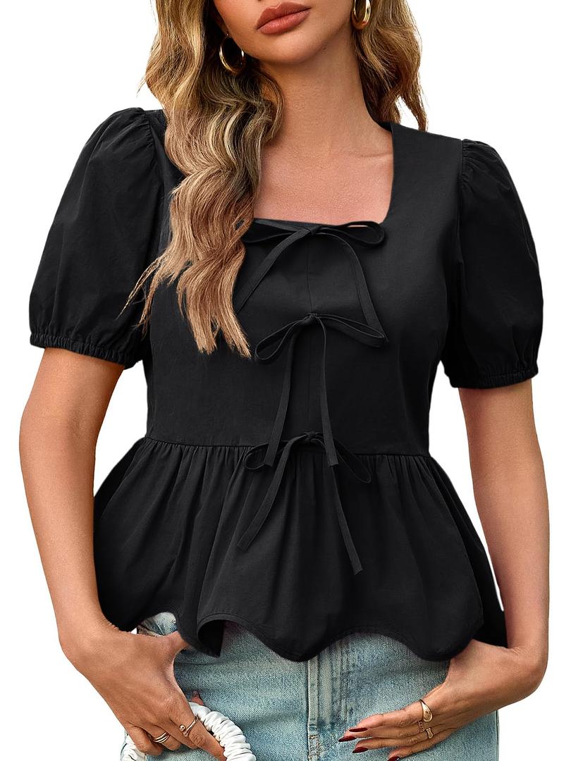 Tankaneo Womens Summer Peplum Babydoll Tops Square Neck Short Puff Sleeve Blouses Cute Ruffle Bow Shirts Black (Black, S)