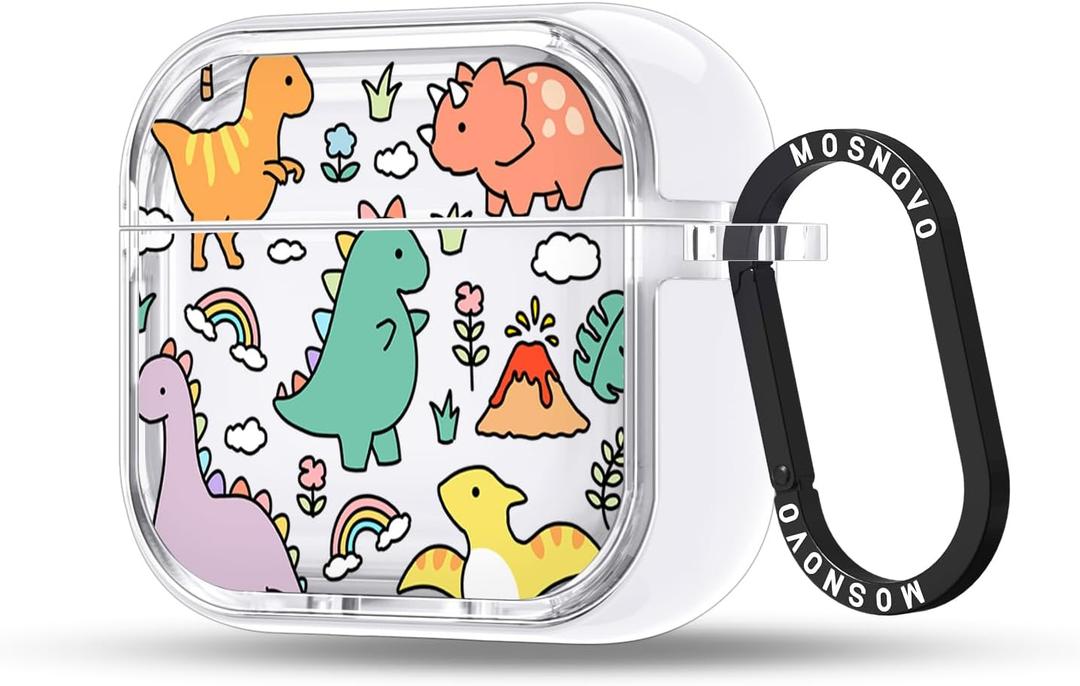 MOSNOVO Case for Airpods 4, Protective Clear Case with Shockproof Dual Layer Hard Luxe Metal Ring Designed for Airpods 4 Generation - Dinosaur Land