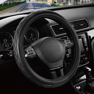 Road Comforts Leather Steering Wheel Cover  Black & Black, Universal Fit 14.5-15 Inch, Microfiber Leather, Anti-Slip & Breathable Design for Men and Women