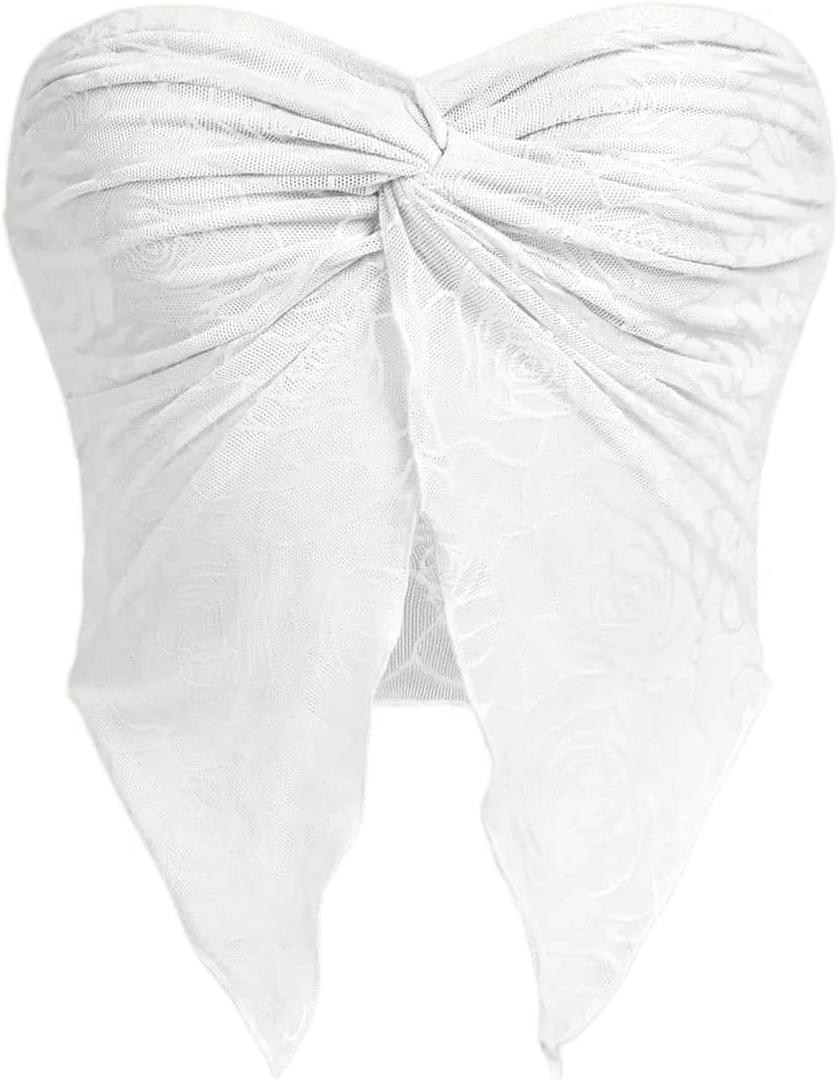 Women's Sexy Twist Front Asymmetrical Hem Strapless Bandeau Crop Top Casual Tube Tops for Party Club Night(1-White, S)