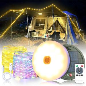 Stowable String Lights 10M, Solar Camping String Lights Reel, USB Rechargeable, 3600mAh, Retractable Solar String Lights for Tent Camping Yard Garden Hiking Travel Outdoor Decoration, Warm White + Color