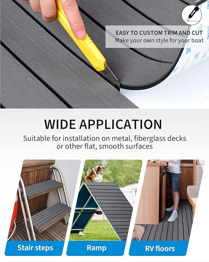 OCEANBROAD EVA Foam Boat Flooring with 3M Adhesive Backing Marine Self-Adhesive Decking 96''x45.6''/36''/28.8''/16.8'', 48''x16.8'' Faux Teak Sheet for Jon Boats Swim Platform Helm Pad RV Floor (Dark Gray with Black Seam Lines)