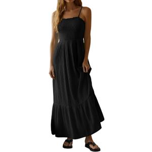 R.Vivimos Womens Summer Boho Cotton Maxi Dress Adjustable Spaghetti Strap Elastic Smocked Casual Ruffle Hem Flowy Beach Dress (Medium, Black)