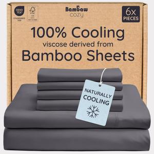 Bambaw 100% Viscose Derived from Bamboo Sheets King Size Set  6pcs Set of Cooling Sheets for Hot Sleepers, Super Soft Bed Sheets King, Fits Up to 16'' Mattresses, Luxury Bedding Sets King (Charcoal)