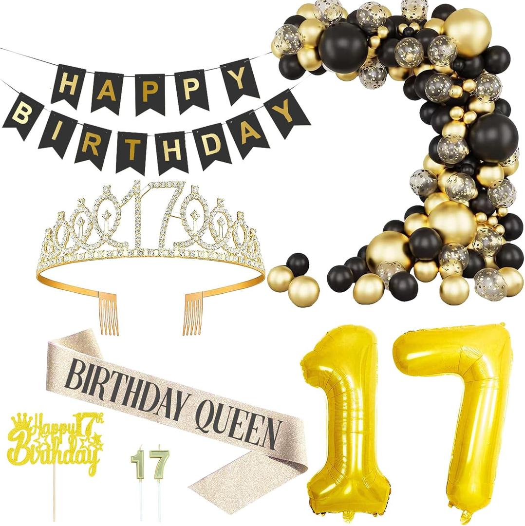 17th Birthday Decoration for Girls Black and Gold Birthday Party Balloon Decoration Set Happy Birthday Banner Crown Birthday Strap Confetti Balloons Birthday Party(17th)