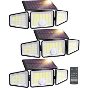 Ensenior Motion Sensor Outdoor Lights, 220 LED IP65 Waterproof Solar Security Light with Remote Control, 3 Heads Solar Flood Light Outdoor with 4 Modes, 270° Wide Angle Motion Light for Outside -3Pack
