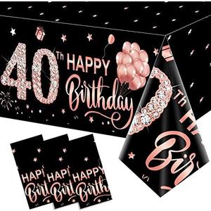 2 Pack Rose Gold 40th Birthday Tablecloth Decorations - Plastic Disposable Rectangular Table Cover Party Supplies