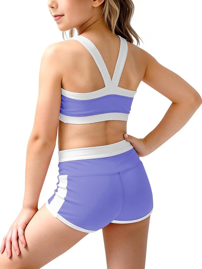 Haloumoning Girls 2 Piece Outfits Athletic Color Block Training Bra and High Waisted Shorts Clothing Sets  (13-14 Years, Purple)