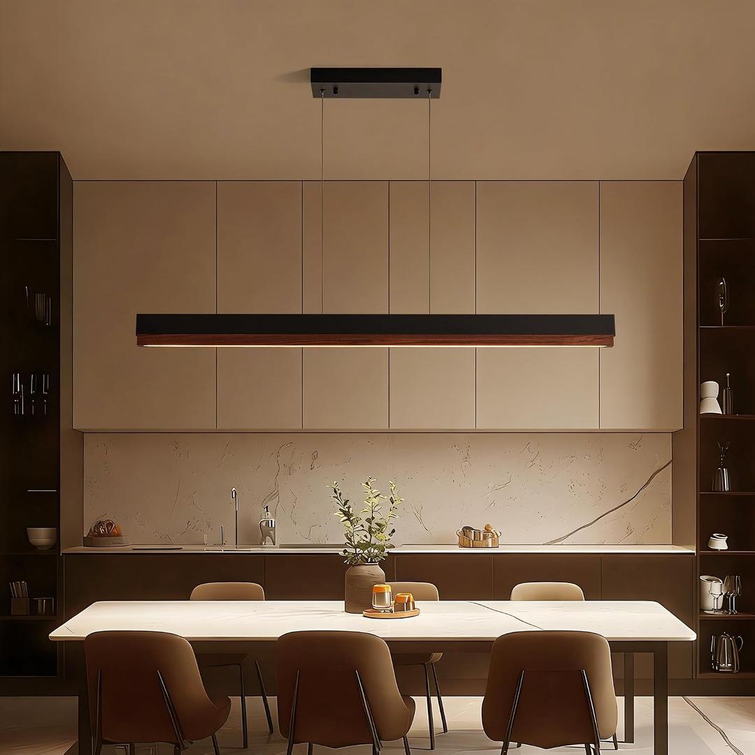 39" Wood Linear Pendant Light, 24W LED Hanging Pendant Light, Dimmable Kitchen Island Lighting with Remote, Adjustable Linear Chandelier for Dining Room, Kitchen Island, Bar, Office-Walnut, 39in
