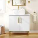 YITAHOME 30 Inch Bathroom Vanity with Vacuum Forming, Freestanding Storage Cabinet Vanity with Engineered White Stone Countertop, 2 Large Soft Closing Doors with Shelf, Gold Handles & Legs, White