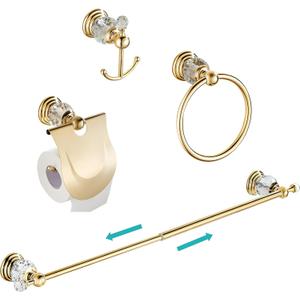 WINCASE Gold Bathroom Accessories, Adjustable Crystal Towel Bar Set, Golden Hardware Set Hand Towel Ring Racks Paper Holder Hook Wall Mounted