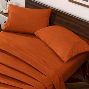Horbaunal Burnt Orange King Size Sheet Set of 4 Hotel Luxury Bedding Sheets & Pillowcases - 16 Inch Deep Pocket Microfiber Bedding Set - 1800 Thread Count Soft & Wrinkle Bed Sheets