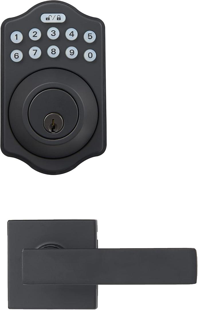 Amazon Basics Traditional Electronic Keypad, Keyless Entry Door Lock Deadbolt with Handle Set, Easy Installation, Matte Black