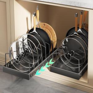 Pull Out Pots and Pans Organizer Under Cabinet, Sliding Lid Holder and Pan Rack in Kitchen, Slide Out inside Cabinet Storage for Pot Lid, Bakeware, Dishes, 8 Adjustable Dividers, 2 Pack Black (8 Dividers-2 Pack)