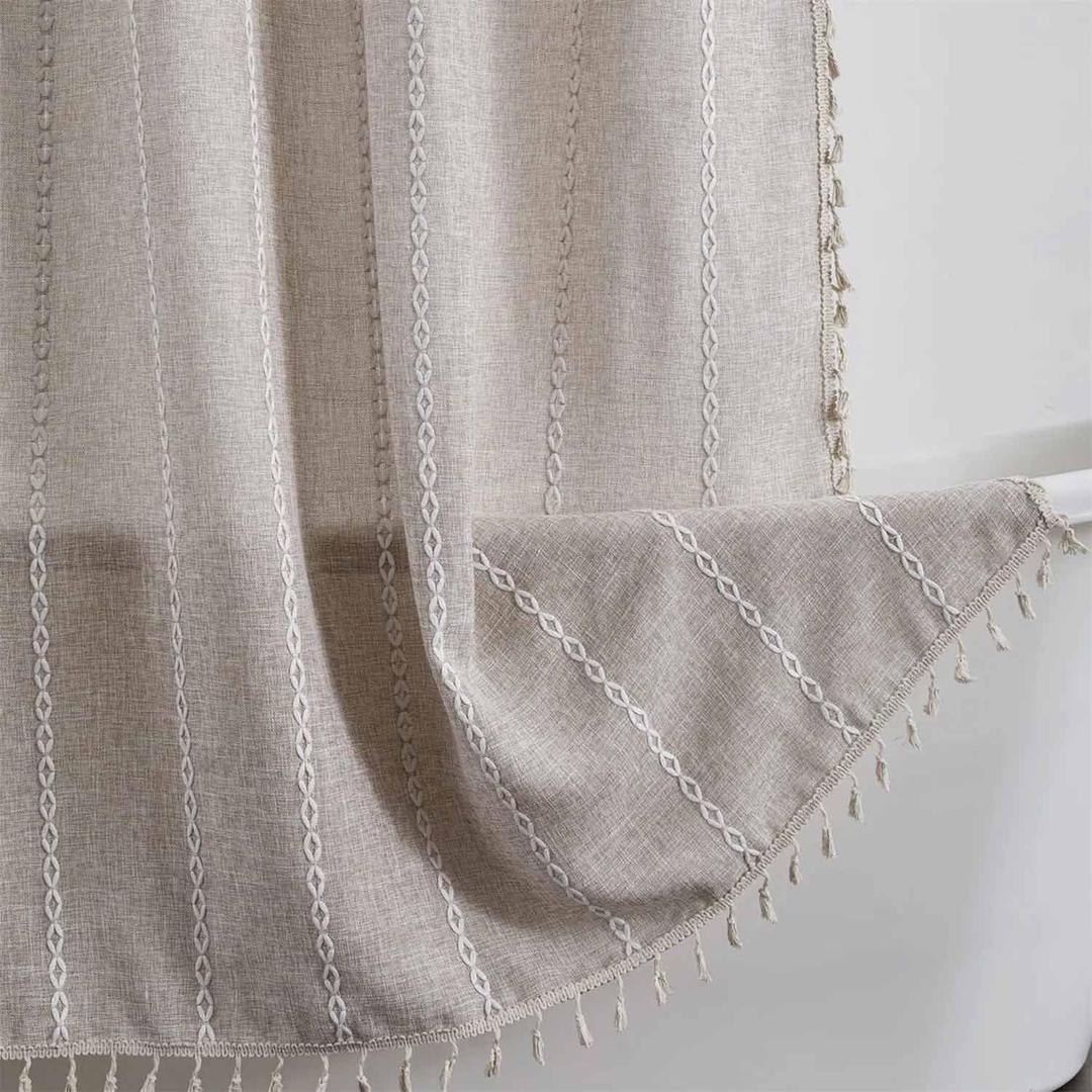 WELTRXE Boho Shower Curtain with Tassel Modern Farmhouse Shower Curtain Set, Rustic Bathroom Decor, Heavy Duty Fabric Water Repellent with Hook, Taupe, 72x72 Inches