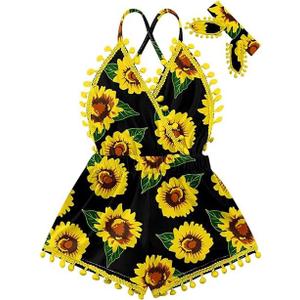 6M-3T Baby Girl Backless Bodysuit Outfit Set Romper Jumpsuit with Headband (18-24 Months, Sunflower-2)
