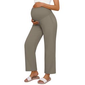 Huukeay Women's Cotton Linen Blend Maternity Pants, High Waisted Lounge Pregnancy Pants Over the Belly Trousers with Pockets(Mocha,X-Large)