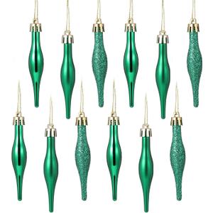 Kasyat 12 Pcs St Patricks Day Droplet Baubles Ornaments 3.5 Inch Matte Shiny Glitter Finishes Finial Drop Plastic Shatterproof Hanging Ornament for Xmas Tree Wreath Garland Holiday Decor (Green)
