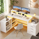 DWVO 79" Grey U-Shaped Computer Desk with Drawers & Charging Station ADAPTABLE OFFICE LAYOUT: The reversible setup, monitor stand and storage shelves create a spacious and organized workstation