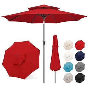 FLAME&SHADE 10ft Solar Outdoor Umbrella - 24 LED Lighted Patio Umbrella with Centre Surround Light, Table Umbrellas with Tilt & Crank for Pool, Porch, Garden, Deck, Backyard UV Protection (Red)
