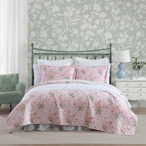 Laura Ashley - Twin Quilt Set, Reversible Cotton Bedding with Matching Sham, Medium-Weight for Year Round Use, Dorm Essentials, Coquette Room Decor (Veronicas Bouquet Pink)