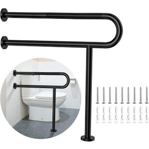 Toilet Support Rail 31.3X 31.5 Inch, Munzong Anti-Slip Black Handicap Grab Bar for Bathroom, Stainless Steel Knurled Safety handrails with Leg for Elderly Disabled Pregnant-1.25Tube