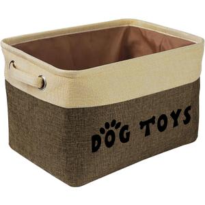 PET ARTIST Dog Toy Basket, Collapsible Dog Toy Bin Box with Comfortable Handles, Large Pet Toy Storage Organizer for Accessories, Toys, Coat & Clothing, Blanket & Leash, Brown, 15"x11"x9"
