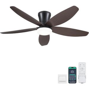 Ceiling Fans with Lights-42 Low Profile Ceiling Fan with Light and Remote/APP Control, Flush Mount, DC Reversible, LED Dimmable Modern Ceiling Fans for Bedroom, Indoor/Outdoor Patio Use (Brown)